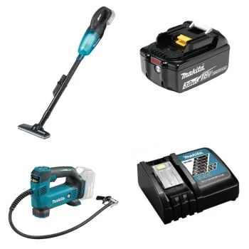 Комплект машини Makita прахосмукачка, компресор, зарядно и батерия, DCL180ZB, DMP180Z, DC18RC, BL1830