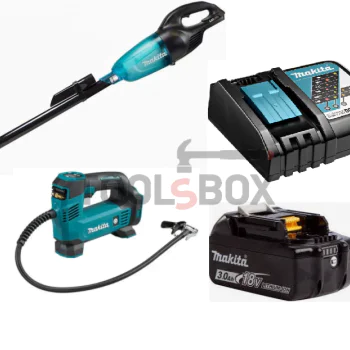 Комплект машини Makita прахосмукачка, компресор, зарядно и батерия, DCL180ZB, DMP180Z, DC18RC, BL1830