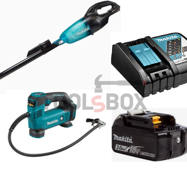 Комплект машини Makita прахосмукачка, компресор, зарядно и батерия, DCL180ZB, DMP180Z, DC18RC, BL1830