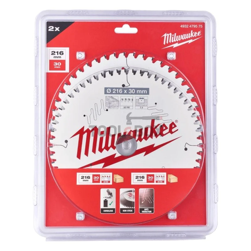 Milwaukee wood circular saw blade 4932479575, 216x30mm x 48/60 teeth, 2 pieces