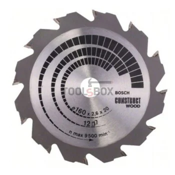 Диск за циркуляр Bosch 2608640630 Construct Wood HM, 160x20мм, 12 зъба
