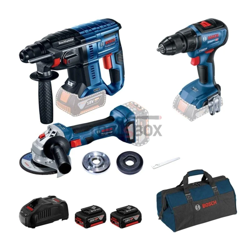 Professional set: cordless punch GBH 180-LI + cordless screwdriver GSR 18V-50 + cordless angle grinder GWS 180-LI + 2 x rechargeable batteries GBA 18V 5.0Ah + tool bag