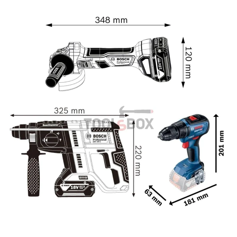 Professional set: cordless punch GBH 180-LI + cordless screwdriver GSR 18V-50 + cordless angle grinder GWS 180-LI + 2 x rechargeable batteries GBA 18V 5.0Ah + tool bag