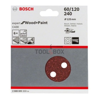 BOSCH sandpaper 2608605112, C430 125mm/60-120-240, 8 holes, 6 pieces
