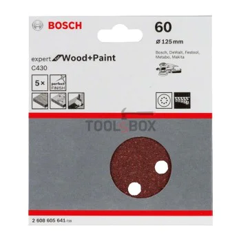 Шкурка BOSCH 2608605641, C430 125мм/60, 8 отвора, 5 броя