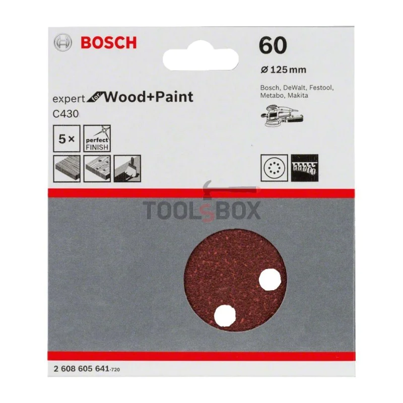 BOSCH sandpaper 2608605641, C430 125mm/60, 8 holes, 5 pieces