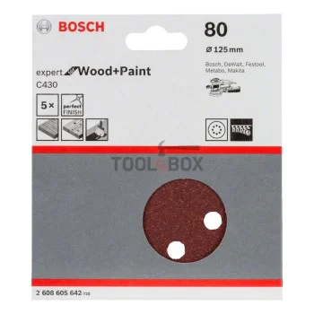 Шкурка BOSCH 2608605642, C430 125мм/80, 8 отвора, 5 броя