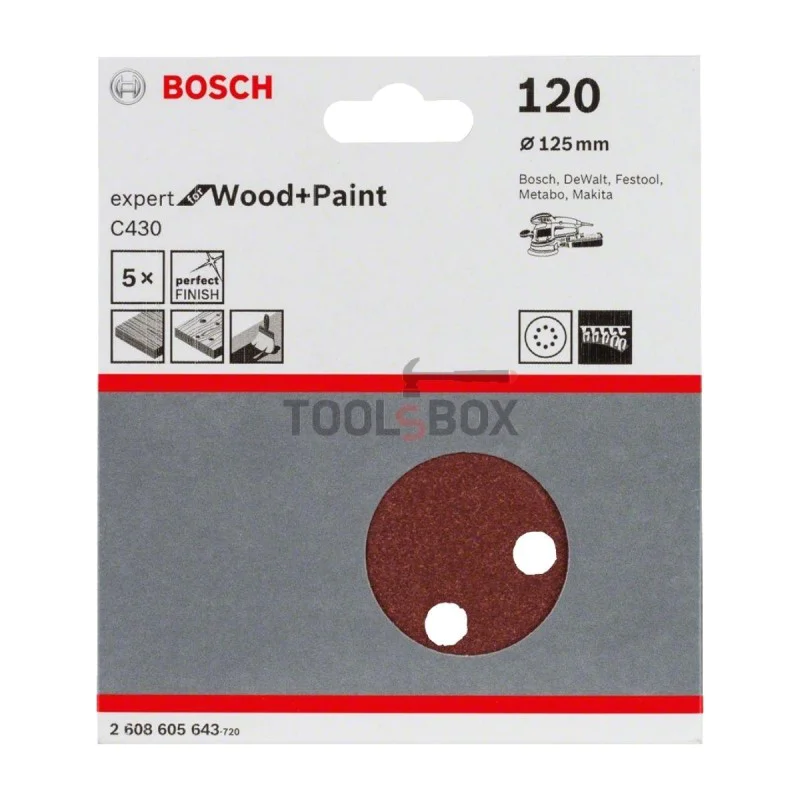 BOSCH sandpaper 2608605643, C430 125mm/120, 8 holes, 5 pieces