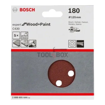 Шкурка BOSCH 2608605644, C430 125мм/180, 8 отвора, 5 броя