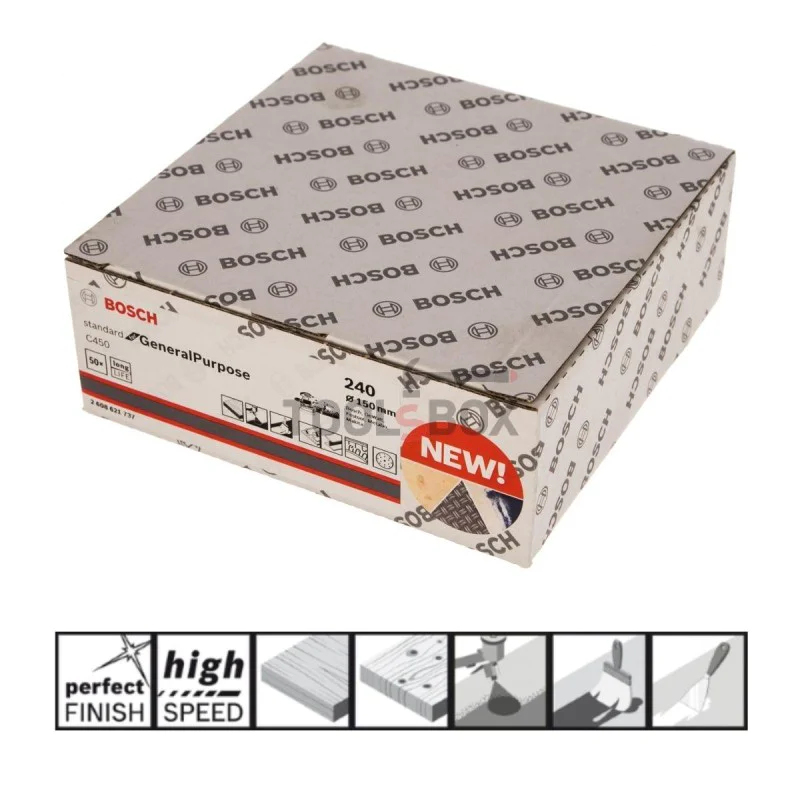 Sandpaper BOSCH 2608621737, C450 150mm/240, 15 holes, 50 pieces