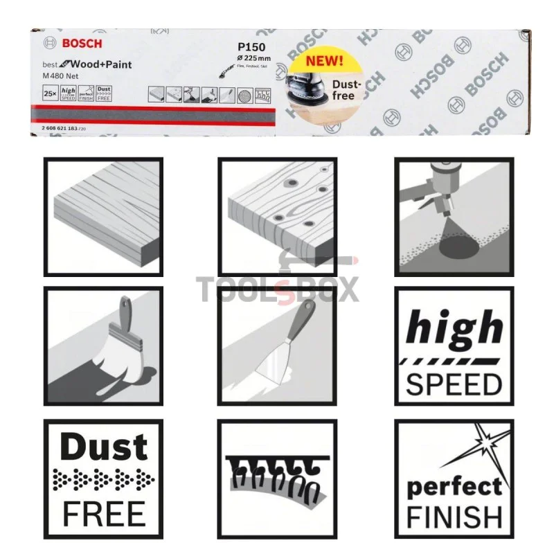 Sandpaper for Bosch sanding machines 2608621183, M480, 225mm/150, 25 pieces