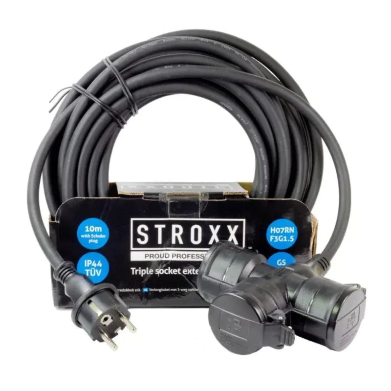 Extension cord 10 m with triple plug - H07RNF 3G1.5, IP44 STROXX