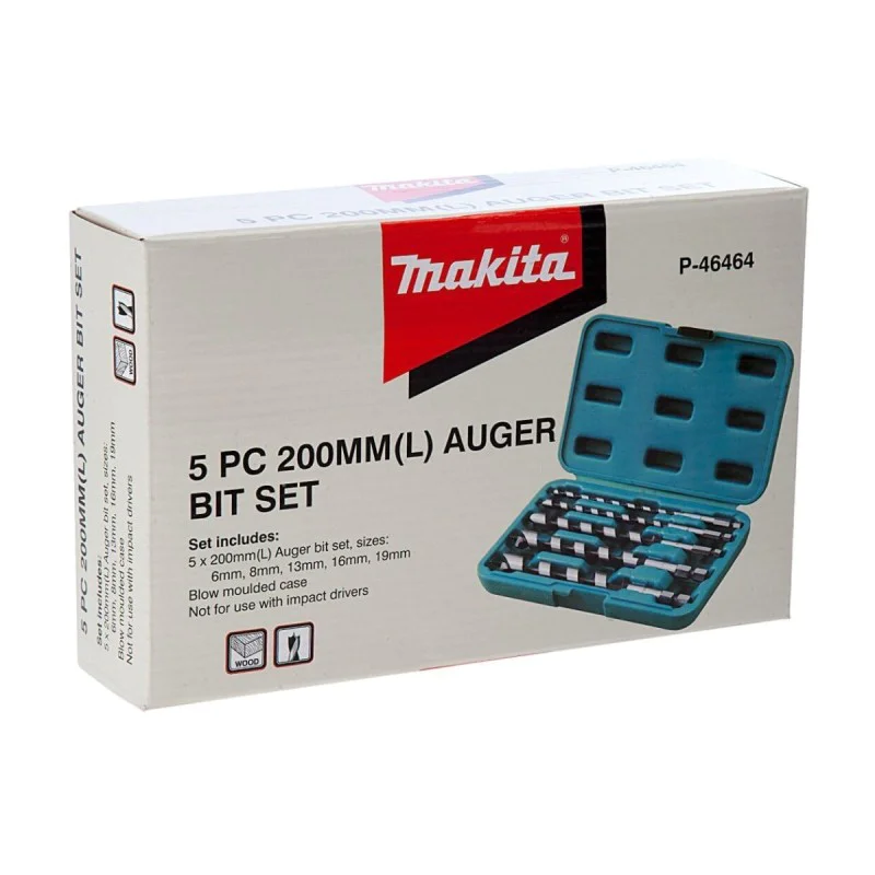 Wood drill bits type Lewis with hex shank Makita 6-19 mm, 200 mm, 5 pcs.