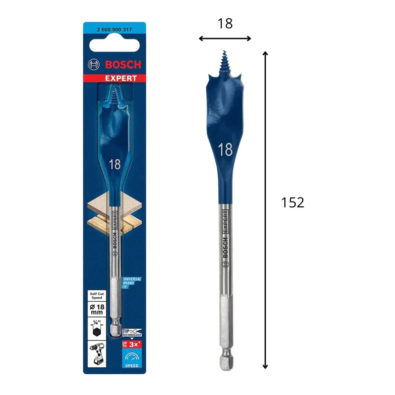 Bosch flat drill bit 2608900317, 152 x 18 mm, 1/4