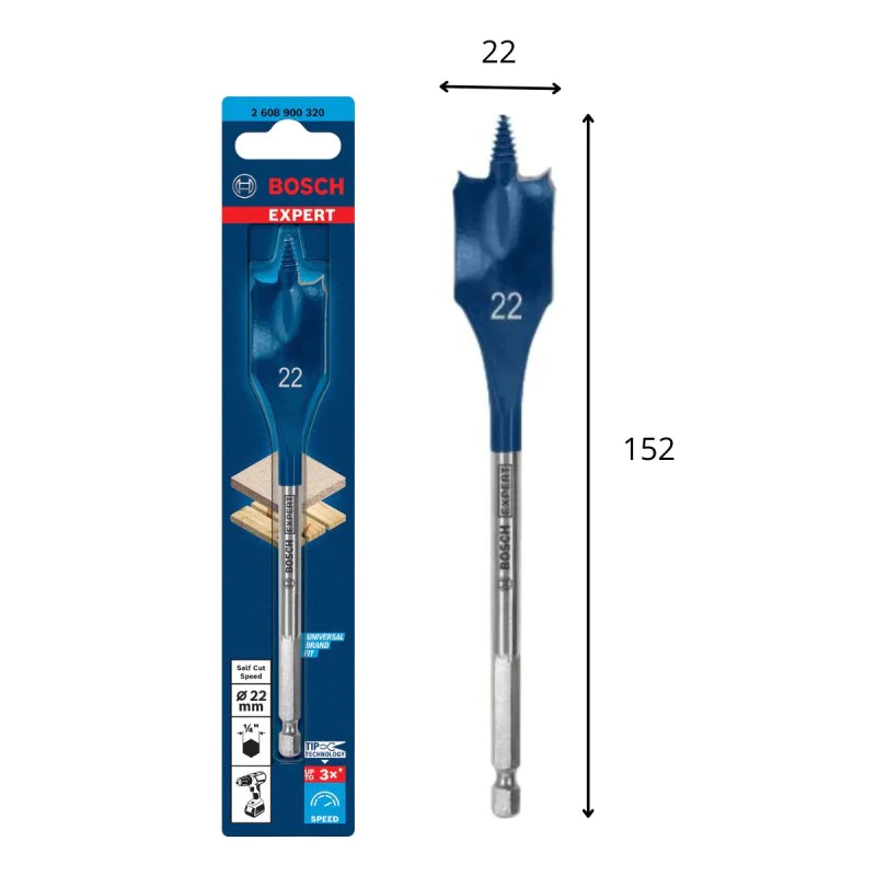 Bosch flat drill bit 2608900320, 152 x 22 mm, 1/4