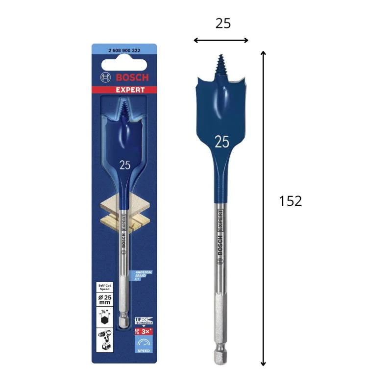Bosch flat drill bit 2608900322, 152 x 25 mm, 1/4