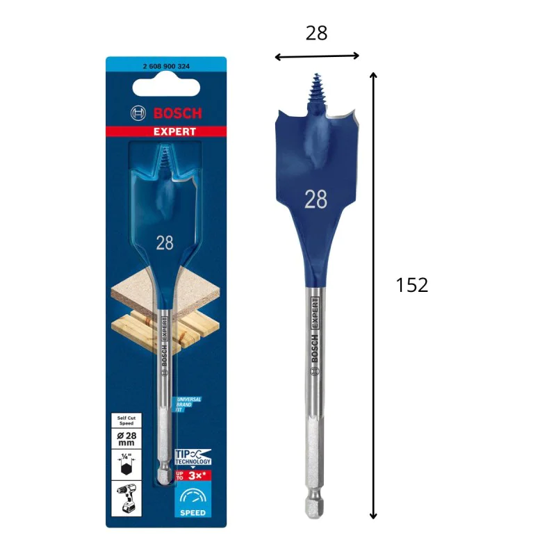 Bosch flat drill bit 2608900324, 152 x 28 mm, 1/4