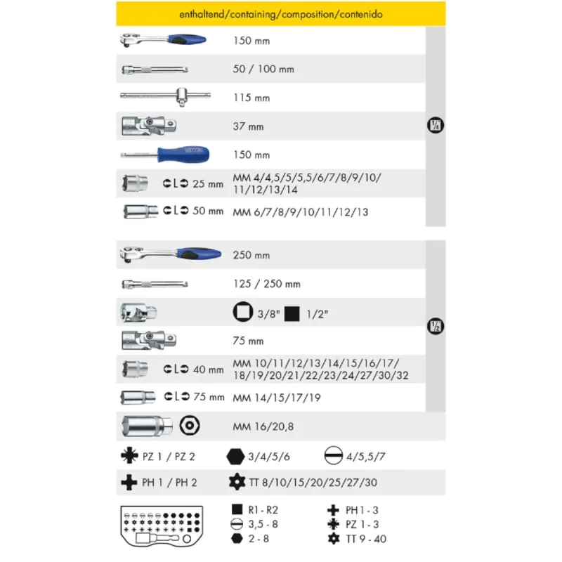 Heytec Ratchet Socket and Bit Set 50825501583, 104 pieces, 4-32 mm, 1/2