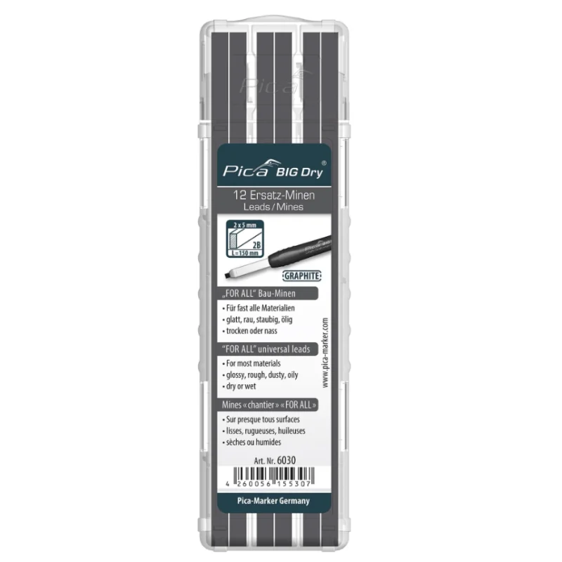 Пълнители за Pica BIG Dry - FOR ALL, графит 2B, 12 бр., 2x5x150 мм, 6030