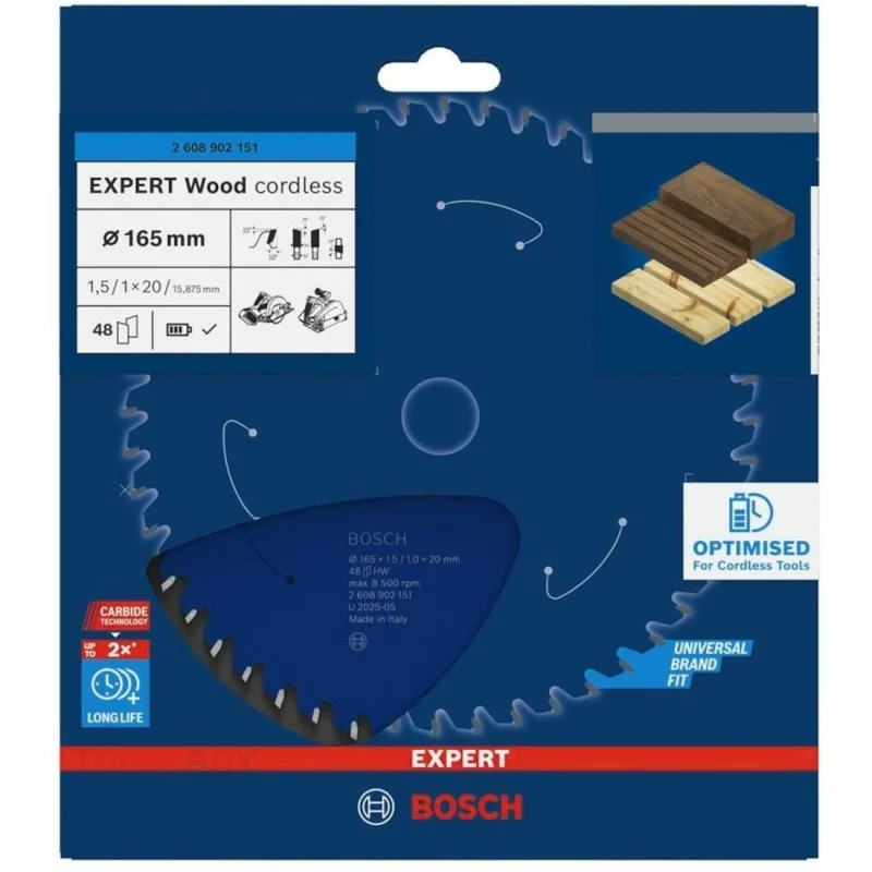 Циркулярен диск за дърво - Bosch, EXPERT Wood cordless, 165 x 20 мм (с редукция до 15,875), 48 зъба, 2608902151