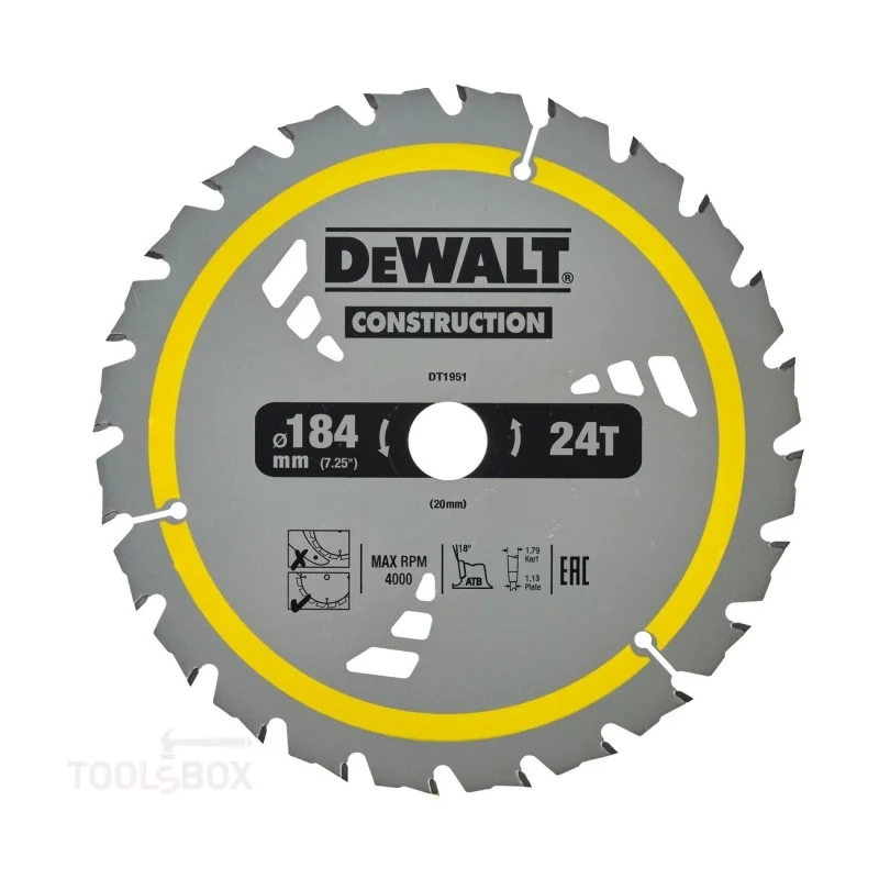 DeWalt Construction Circular Saw Blade, 184 x 20 mm, 24 Teeth, DT1951-QZ
