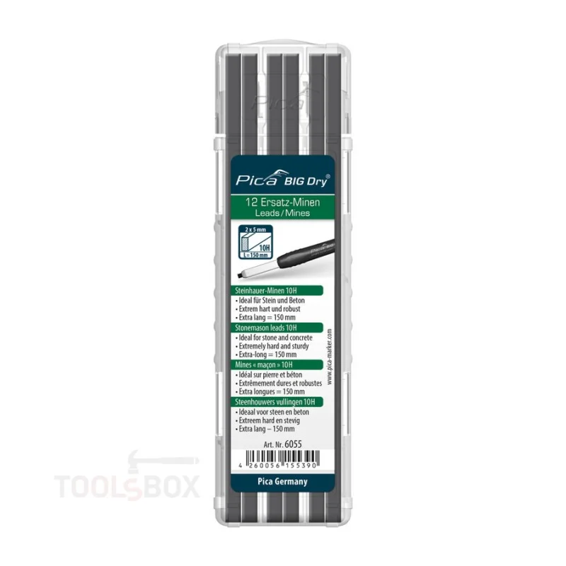 Stonemason Refill Leads for Pica BIG Dry - Graphite 10H, 12 pcs, 2x5x150 mm, 6055