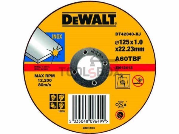 Диск карбофлексов за рязане на неръждавейка DeWALT DT42340, ф 125 х 1.0 х 22.20, A 60 TBF