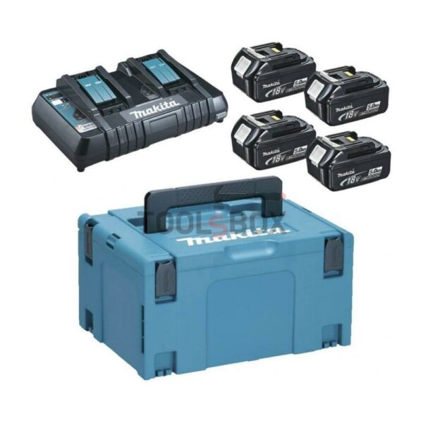 Акумулаторен комплект Makita Li-Ion LTX с 4 бр. акумулаторни батерии BL1860B, зарядно устройство DC18RD и куфар MAKPAC 3 