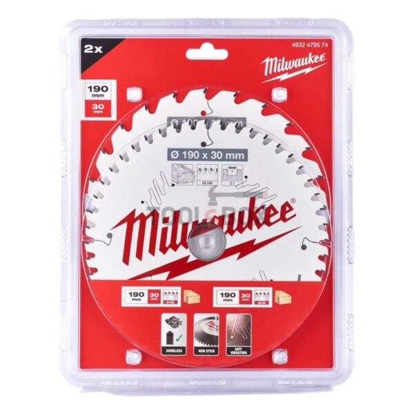 Циркулярен диск за дърво Milwaukee 4932479574, 190x30мм x 24/48 зъба, 2 броя