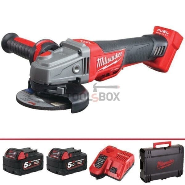 Акумулаторен ъглошлайф Milwaukee M18CAG125XPDB-502X в комплект с 2 батерии по 5Ah и куфар