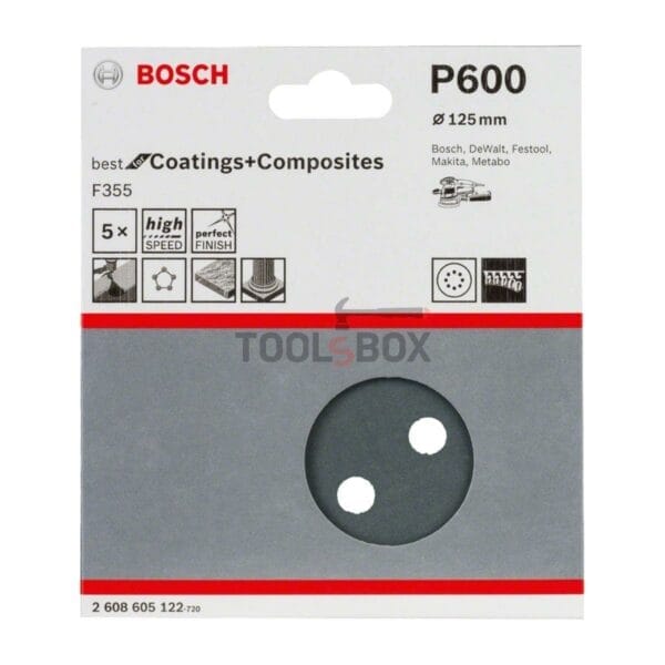 Шкурка BOSCH F355 125мм/600, 8 отвора, 5 броя