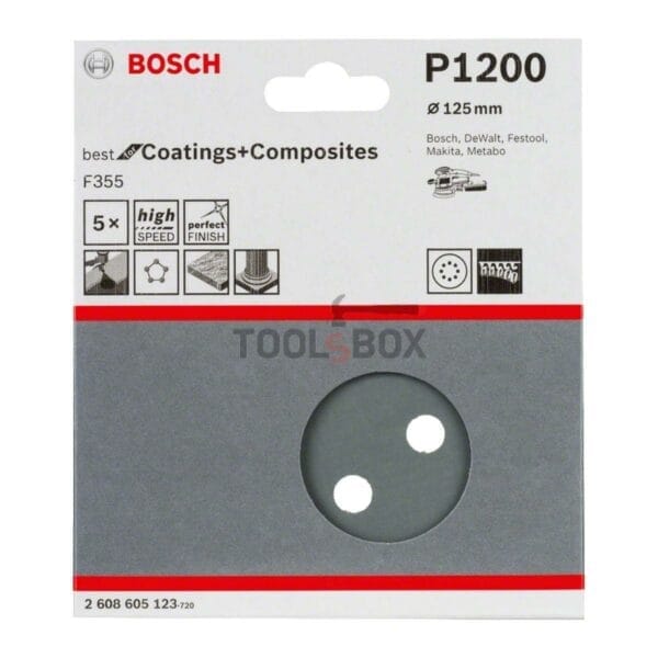 Шкурка BOSCH F355 125мм/1200, 8 отвора, 5 броя