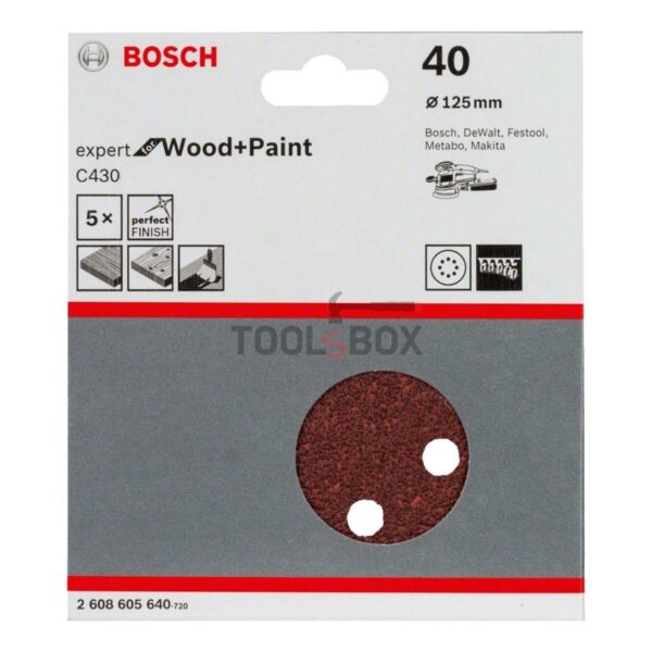 Шкурка BOSCH 2608605640, C430 125мм/40, 8 отвора, 5 броя