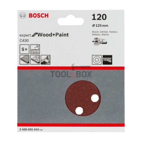 Шкурка BOSCH 2608605643, C430 125мм/120, 8 отвора, 5 броя