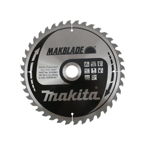 Циркулярен диск за дърво Makita B-08981, TCT, 260мм x 30мм x 40