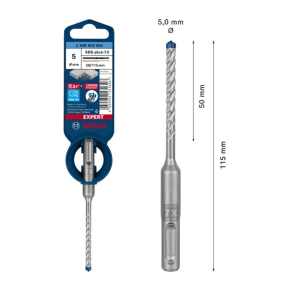 Свредло за бетон BOSCH Expert SDS-plus-7x, 2 608 900 059, 5 х 50 х 115 мм