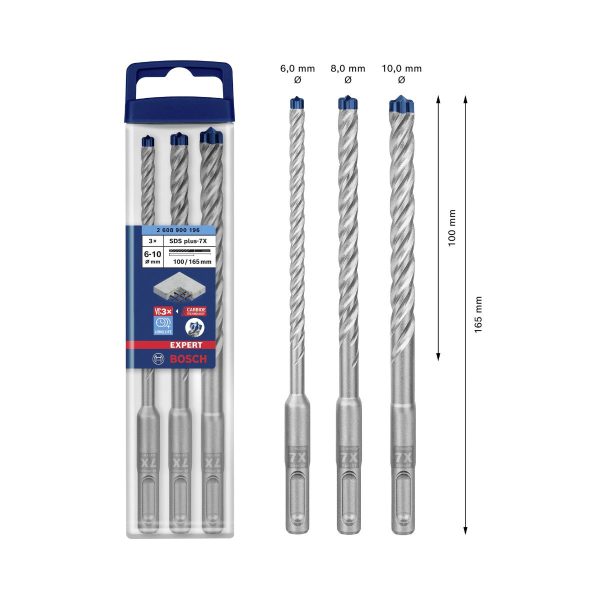 Комплект свредла за перфоратор Bosch EXPERT SDS plus-7x, 2608900196, 3 бр