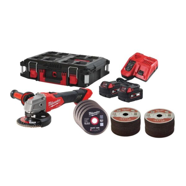 Комплект акумулаторен ъглошлайф Milwaukee M18FSAG125XB100P-502P, 18V, 125мм